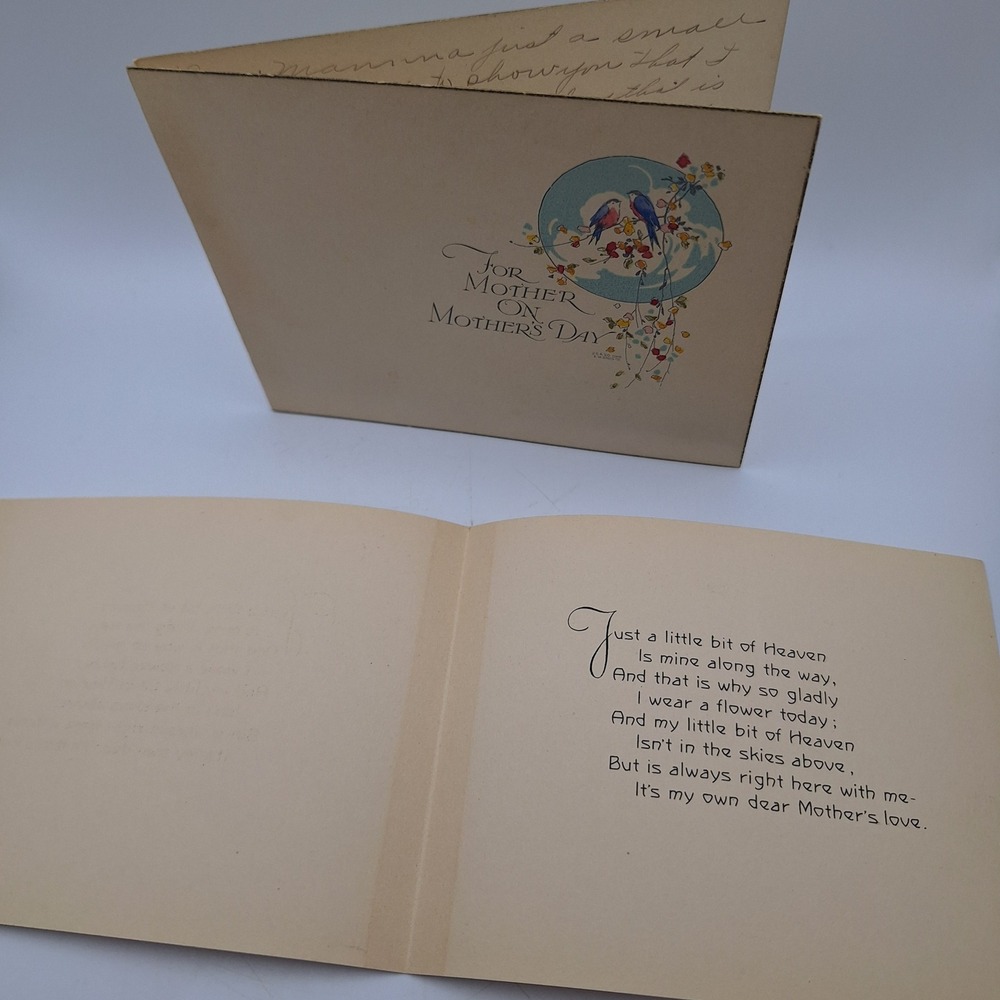 Vintage Mother's‎ Day Card Poem Art Deco Birds Floral Keepsake